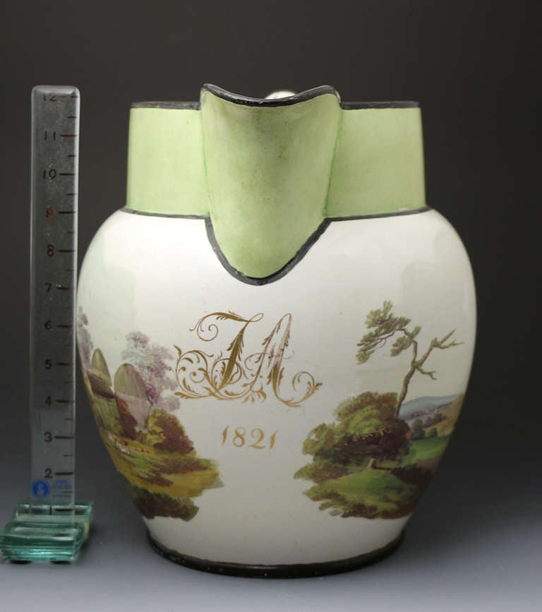 Antique English Pottery Pitcher Large Scaled with Hand Painted Rural Scenes of a Fox Hunt Dated 1813 1