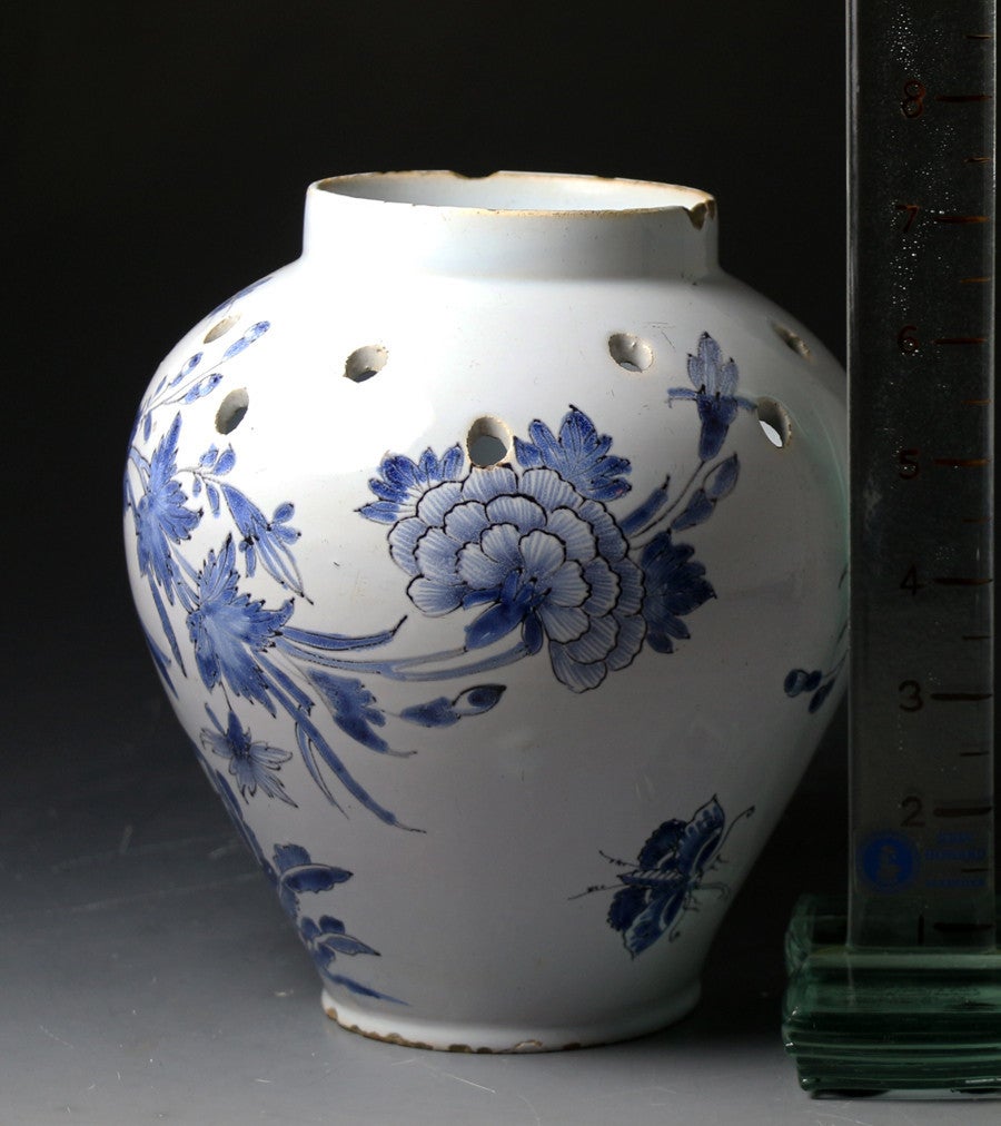 Dutch Antique Delftware Vase with Pierced Holes at Shoulder, Late 17th Cemtury