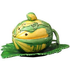 Antique Pottery Melon Shape Creamware Tureen In Coloured Glazes Mid 18th Century England