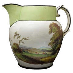 Antique English Pottery Pitcher Large Scaled with Hand Painted Rural Scenes of a Fox Hunt Dated 1813