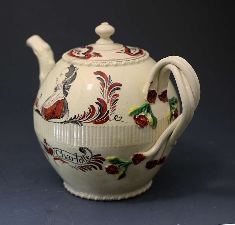 18th Century and Earlier Antique English Creamware Pottery Teapot with a Commemorative Image of Queen Charlotte