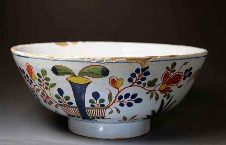 English Antique delftwarepottery bowl with polychrome colours London Delft early 18th century period