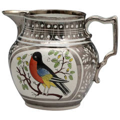 Antique English pottery silver lustre pitcher " Robin" early 19th century