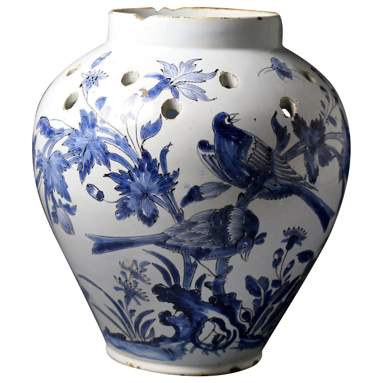 Antique Delftware Vase with Pierced Holes at Shoulder, Late 17th