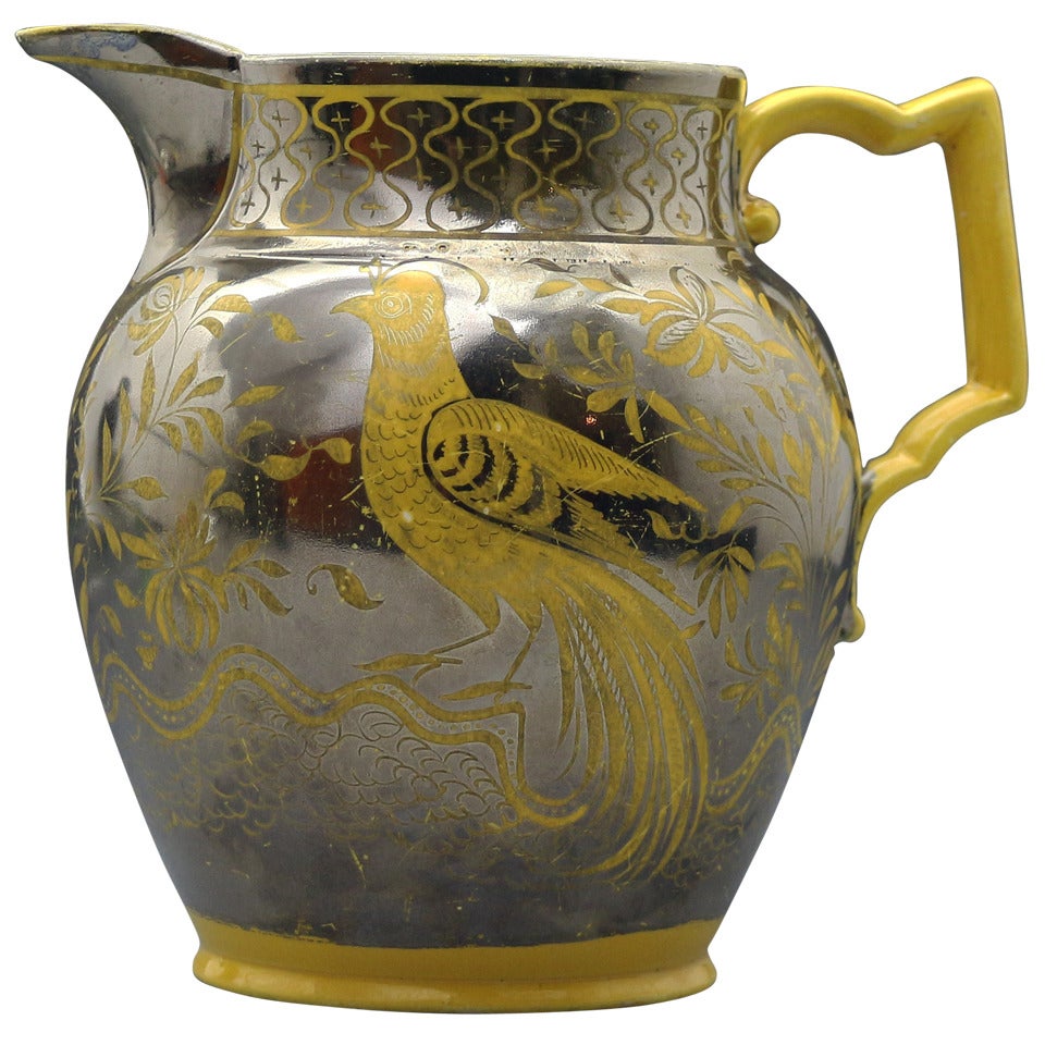 Antique Canary Yellow and Silver Luster Pottery Pitcher English Early 19th Century