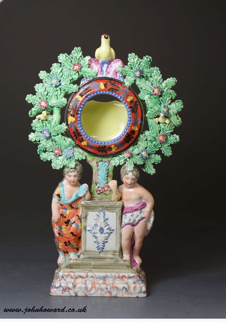 Antique Staffordshire Pottery Pearlware Bocage Watch Holder with Figures of Children and Birds Perched in Bocage