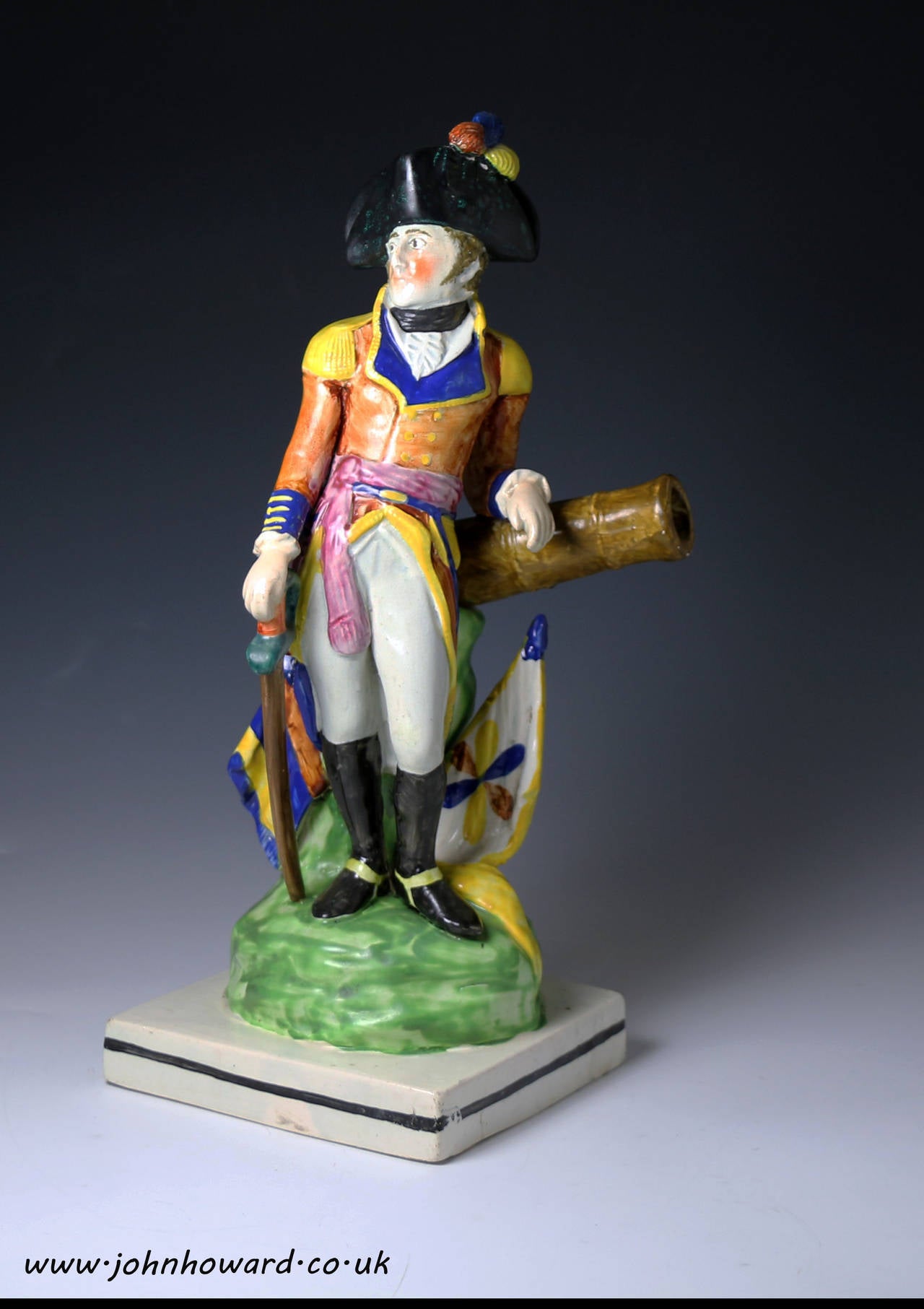 A fine antique Staffordshire pottery pearlware figure group of The Duke of Wellington. 
Several variations were made and this figure is of the highest quality and condition.
Myrna Schkolne discovered a figure in the Stoke on Trent Museum titled