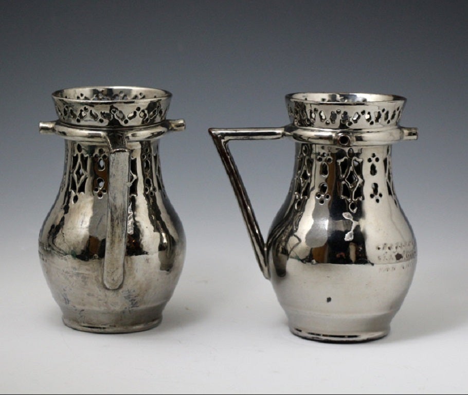 British Pair of Silver Lustre Puzzle Jugs, Early 19th Century