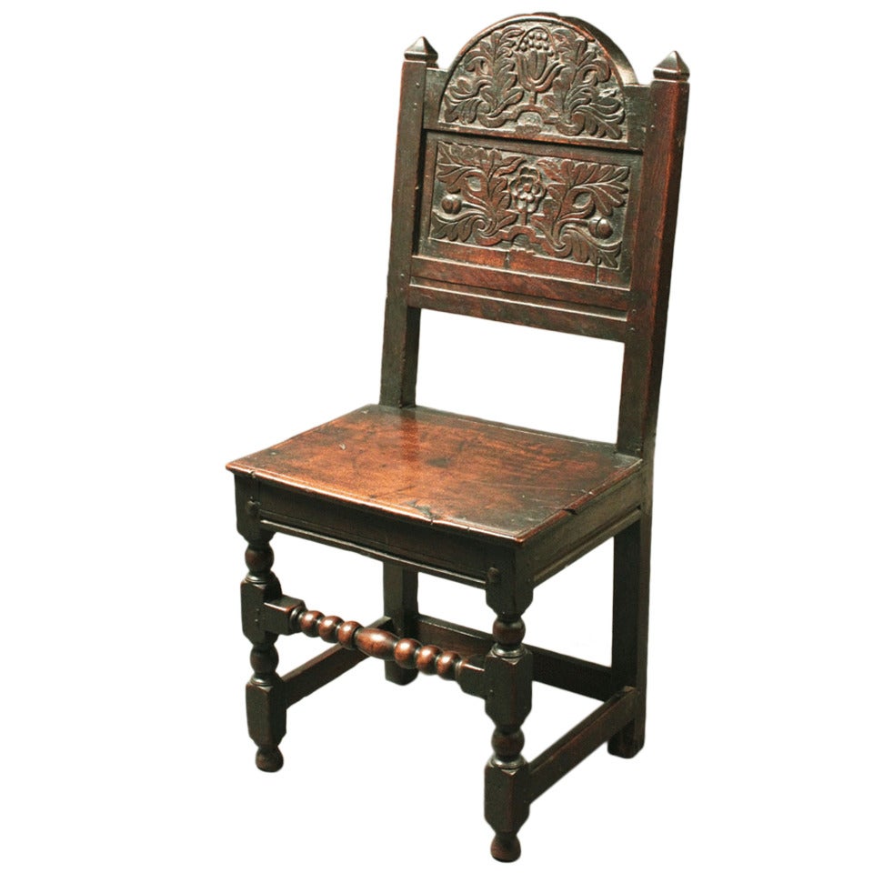 Oak Backstool With Good Original Carving And Patina, 17th Century