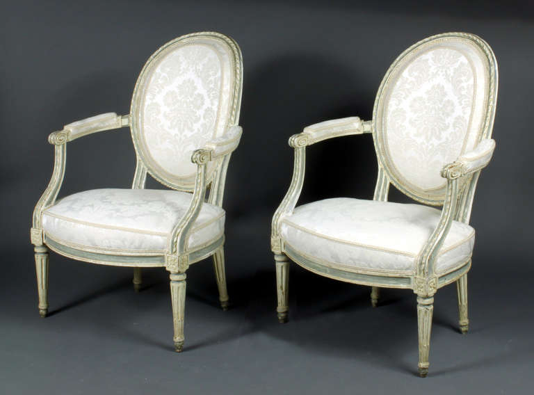 A good set of four French painted chairs made in the Louis XVI style probably in Alsace in the 1830s. They have been reupholstered in Paris recently. The paintwork is original and they are a large, generous model