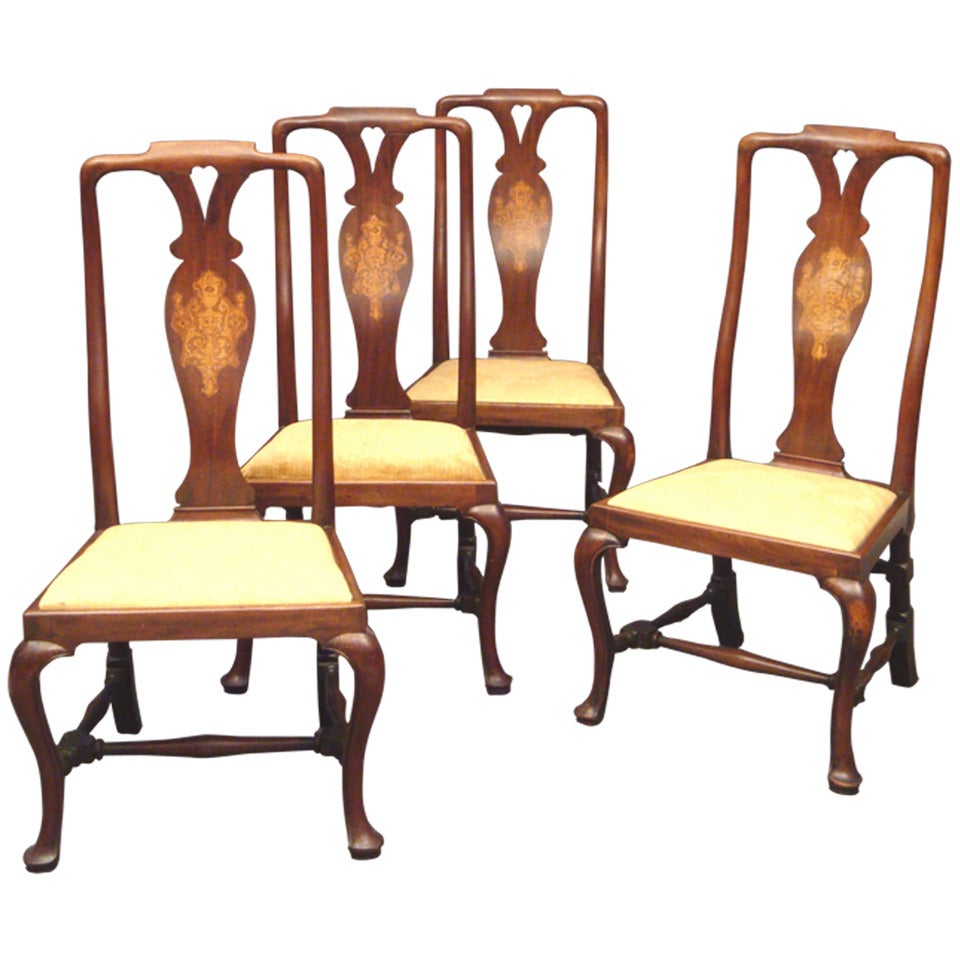 Set of Four George I Walnut and Marquetry Side Chairs For Sale