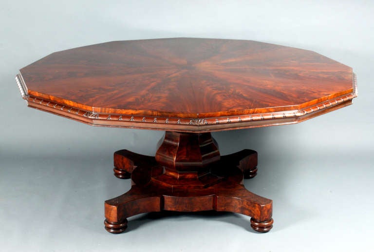 A large 12 sided table in exceptional figured mahogany veneers. Although this table was made about 1840 it has a silver presentation label dated 1901. 

Provenance: Engraved silver label: Presented to the Edinburgh Architectural Society, Charles