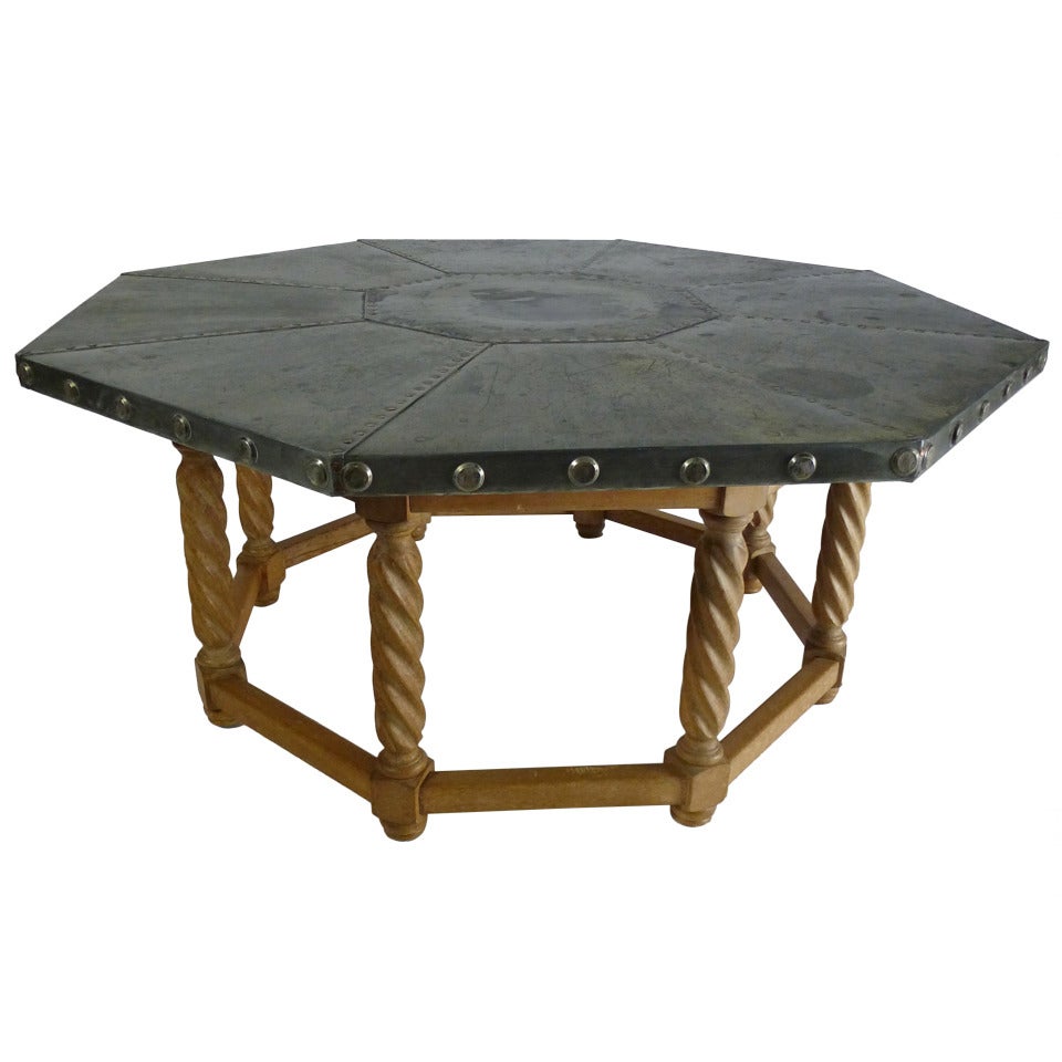 A 1930's oak and aluminium octagonal centre table For Sale