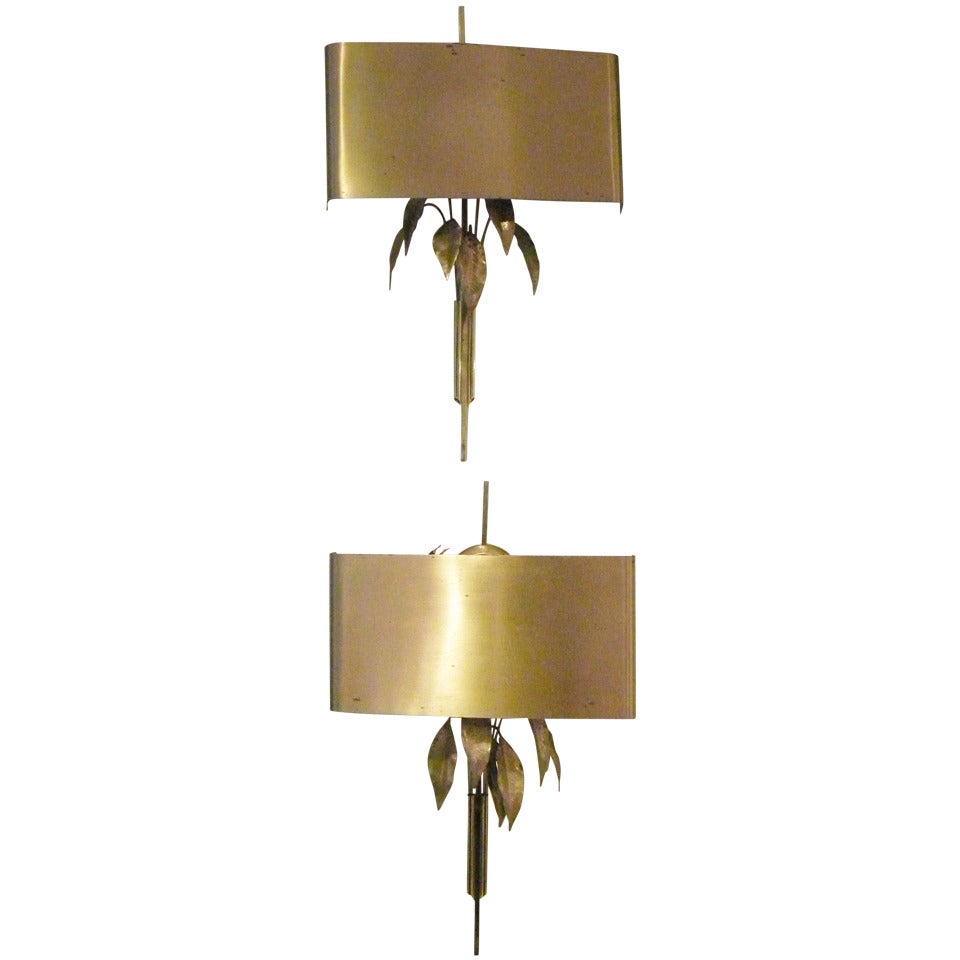 Pair of 1970s Brass Leaf Wall Sconces For Sale at 1stDibs