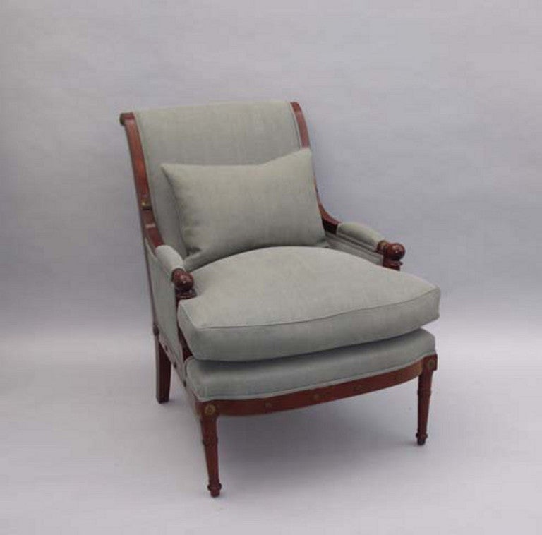 Mahogany Empire style armchairs, upholstered in Brittany glazed linen in lichen. Seat depth 62cm.