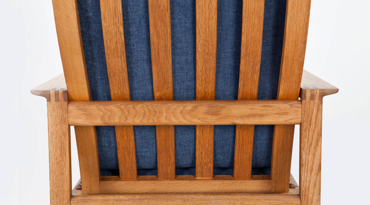 Brass 1950s Blue Cushions, Oak Frame Lounge Chair with Ottoman by Børge Mogensen 