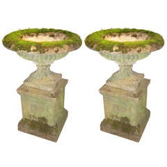 Antique Pair of English Campagna Urns on Plinths