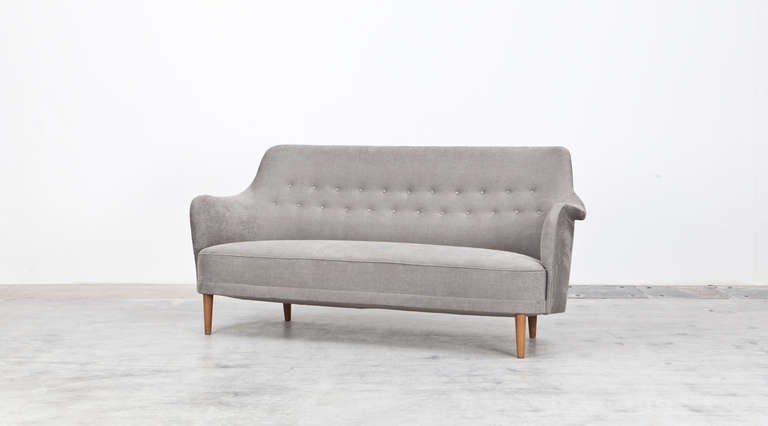 Beautiful Sofa new upholstered with Romo fabric and birch legs in outstanding condition. Produced by O.H Sjögren