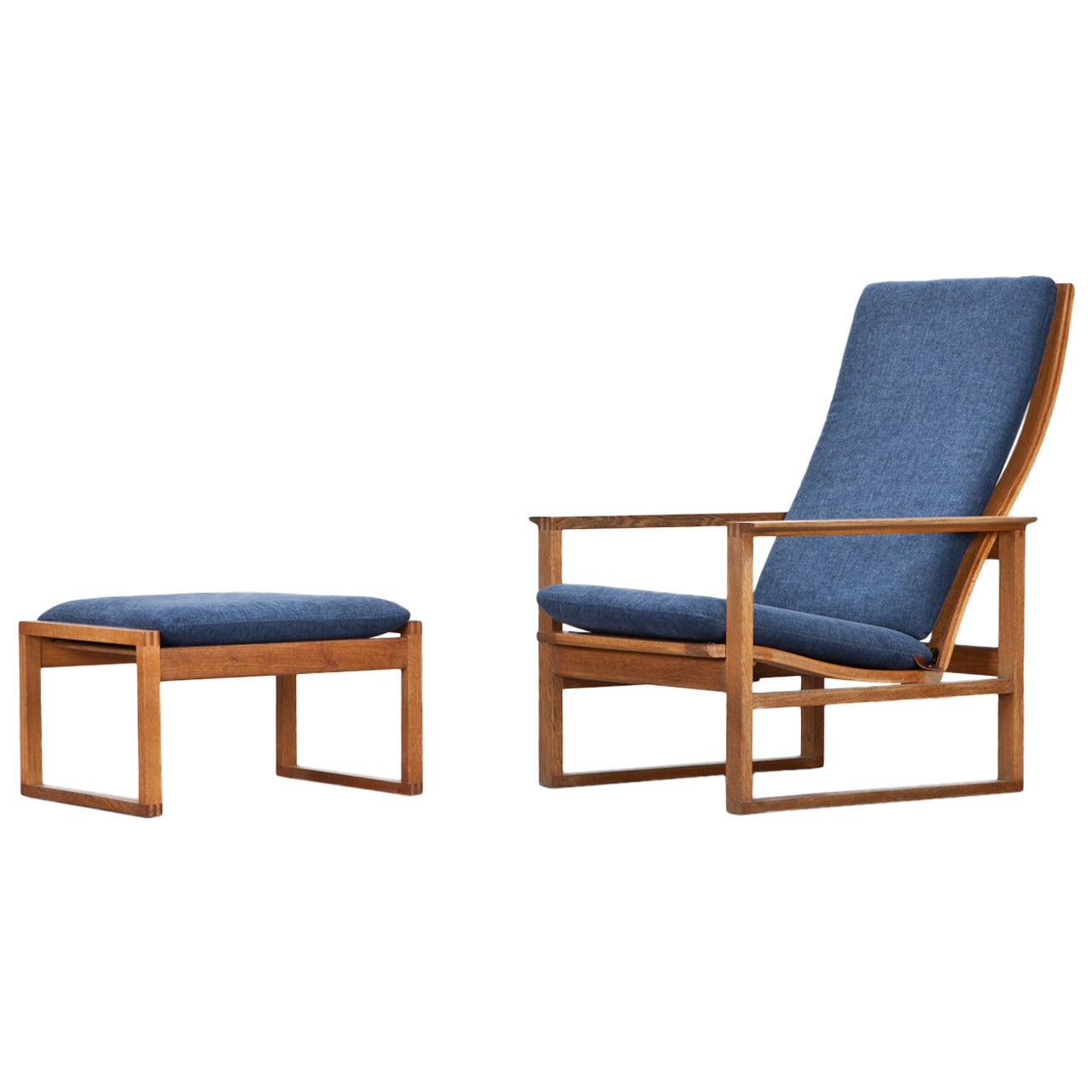1950s Blue Cushions, Oak Frame Lounge Chair with Ottoman by Børge Mogensen 
