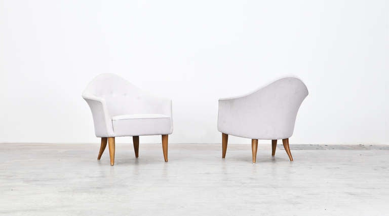 Mid-Century Modern 1960s white upholstery Armchairs by Kerstin Holmquist, New Upholstery