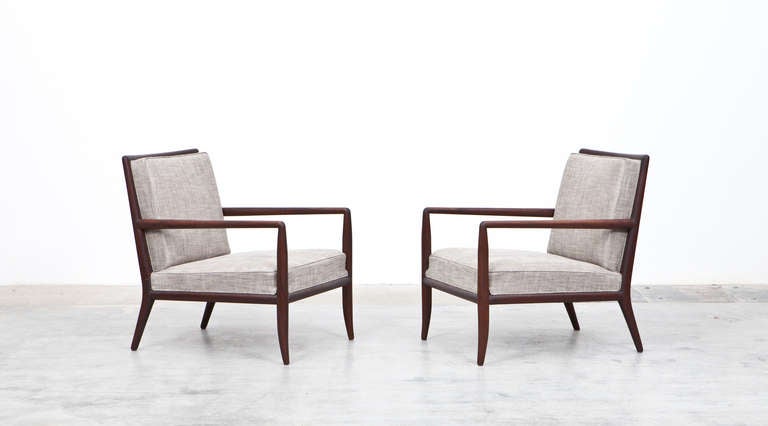 Mid-Century Modern 1950s Grey Upholstery, Walnut Frame Lounge Chairs with Ottoman by Widdicomb