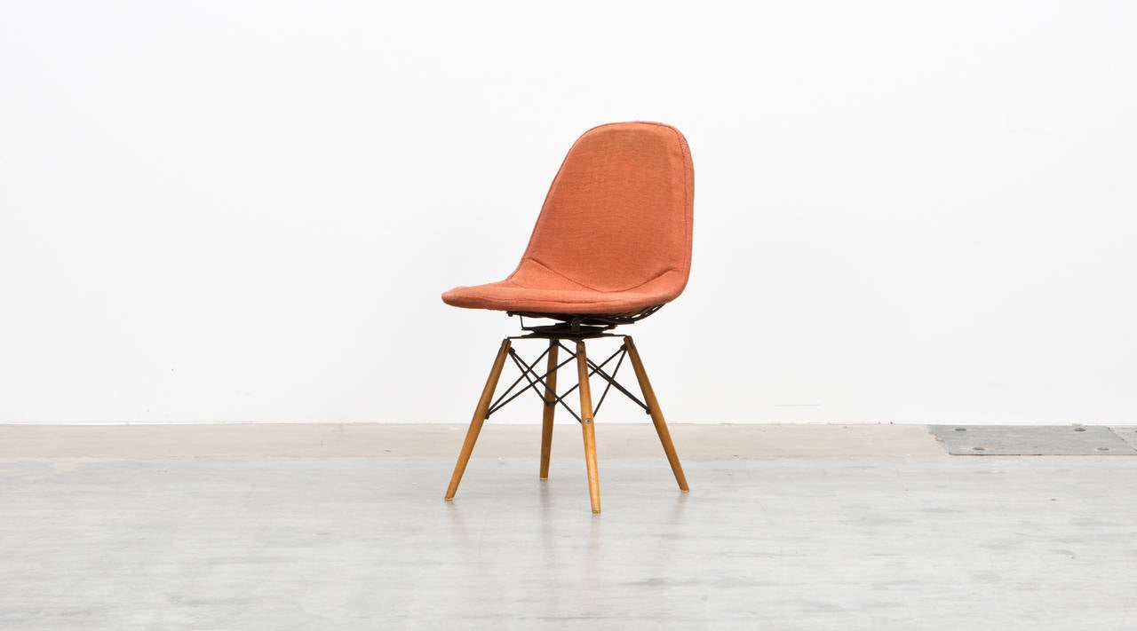 Wood 1950's orange fabric Swivel Side Chair by Charles & Ray Eames For Sale