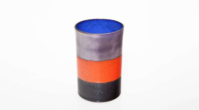 Enameled copper, matching pair of cups, Ettore Sottsass, 1958, Italy.

Pair of Ettore Sottsass cups in enameled copper. Manufactured by Gallery Il Sestante. Ettore Sottsass was an Italian architect and designer of the late 20th century. His body of