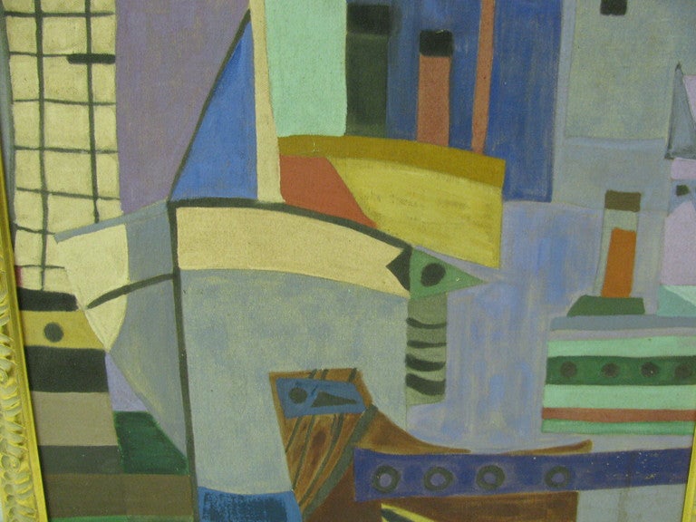 Painting of lower Manhattan docks with cubist vessels juxtaposed. Giltwood frame. Not signed.