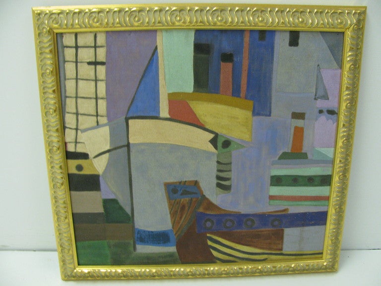 Modern Cubist Forms of Boats in the Harbour Oil on Canvas