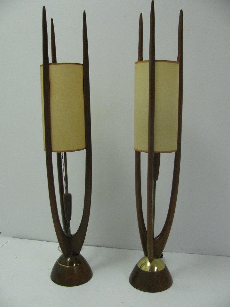 Tall Danish Lamps Have Interesting, And Uniquely Styled Copper Mesh Shades Which Fit Atop a Triple Spire.  Beautiful When Lit, Have a Soft Warm Glow Between The Opaque Shade And The Copper Mesh Shade.  All Original, in Excellent Condition. Paper