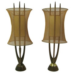 Pair Tall Danish Modern Table Lamps with Copper Mesh Shades