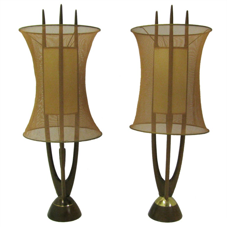 Pair Tall Danish Modern Table Lamps with Copper Mesh Shades at 1stDibs
