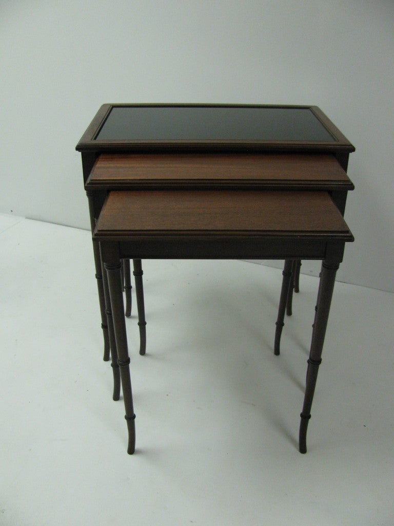 Stained Mid Century Mahogany French C1948 Faux Bamboo Nesting Tables