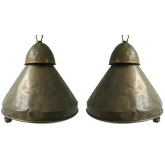 Vintage Pair Of Large Copper Industrial Factory Pendant Lamps