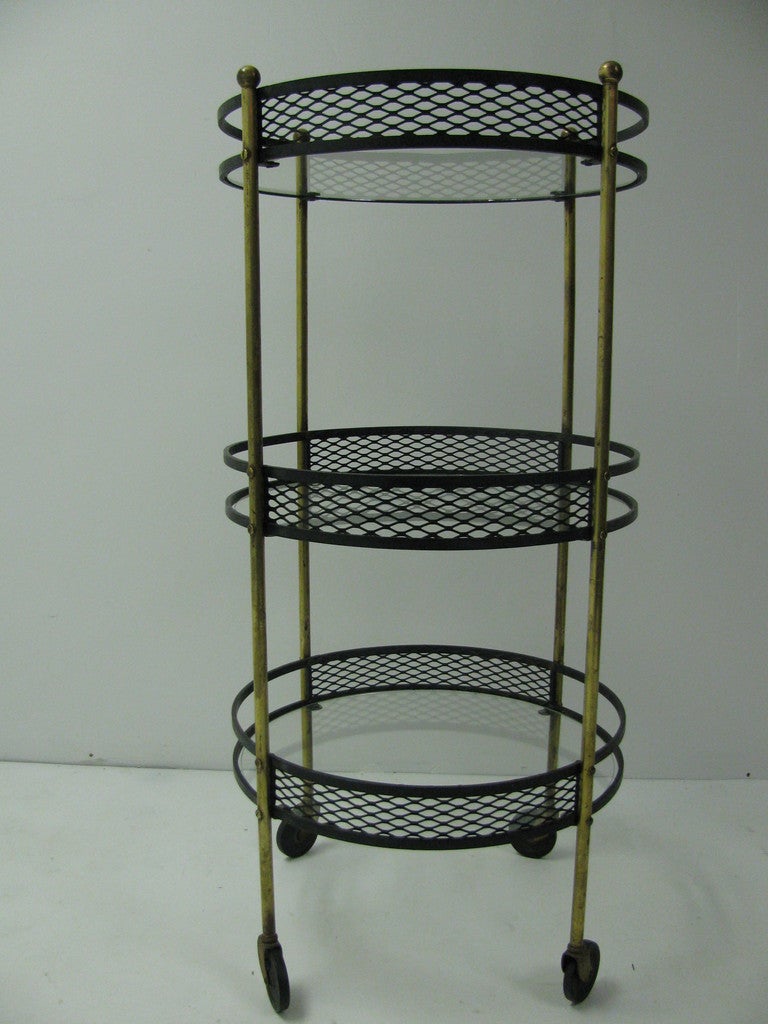 Attributed To Arthur Umanoff , Bar Cart in a Circular Form With Iron Grid Panels. Three Plate Glass Shelves For Storage While Serving. 

 Please call in advance for an appointment.  845-649-8375