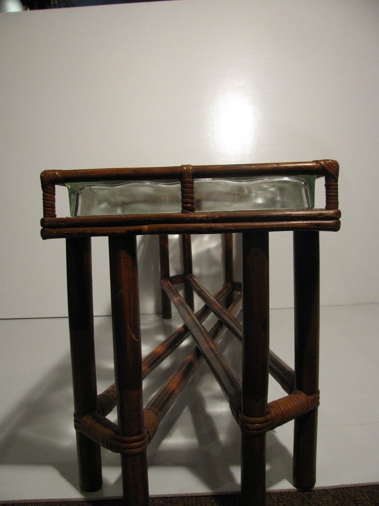Hand-Crafted Mid-Century Modern Art Deco Split Reed  Rattan Glass Block Cocktail Table For Sale