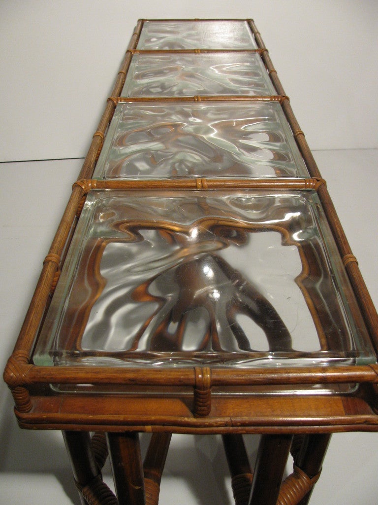 Mid-Century Modern Art Deco Split Reed  Rattan Glass Block Cocktail Table In Good Condition In Port Jervis, NY