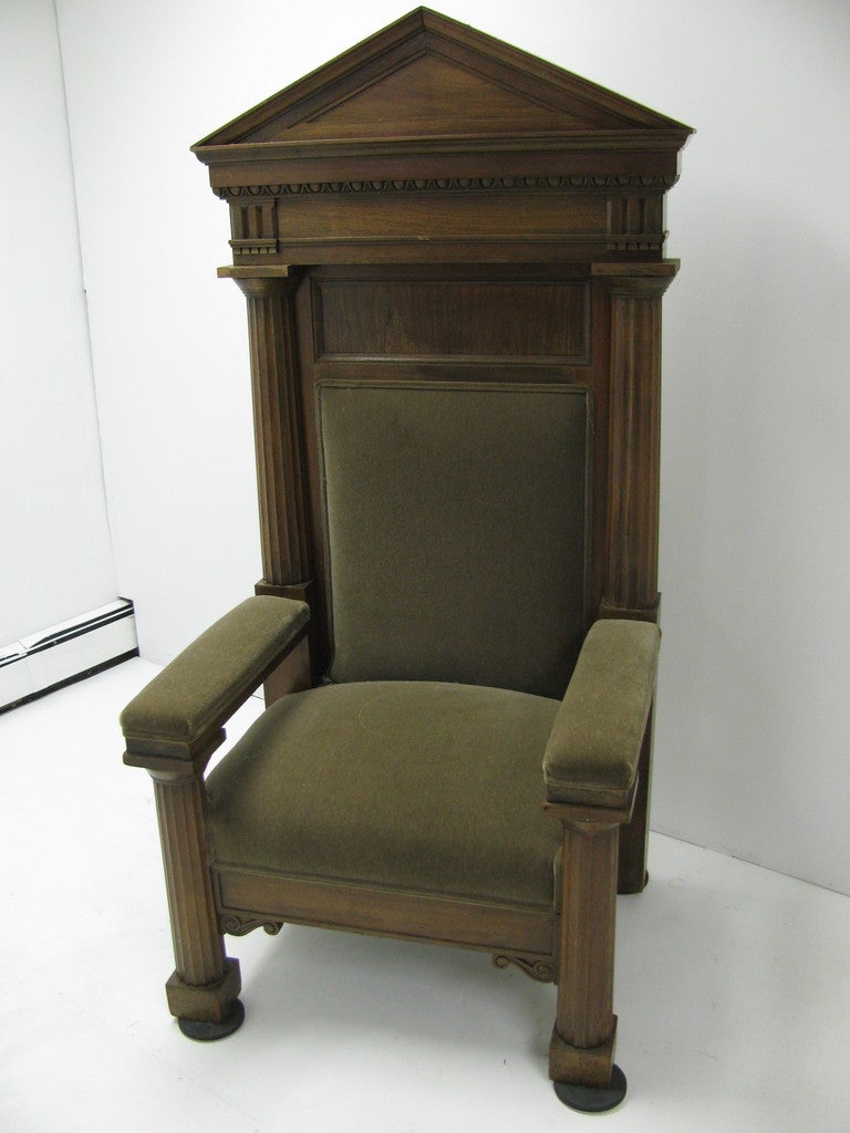 Throne Chair from a Masonic Temple Covered In Mohair. Architectural Elements Throughout The Chair.