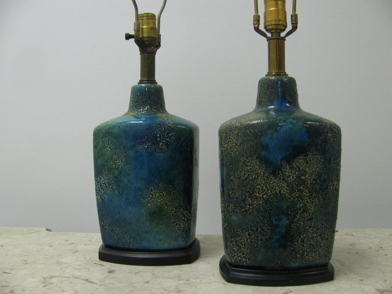 Beautiful Pair Table Lamps Glazed With A Organic, Textured, Deep Cerulean Blue. Amazing Color And Depth. Painted Black Wood Base. 17.75 from base to top of socket.

  Please call in advance for an appointment or if you have any questions - 