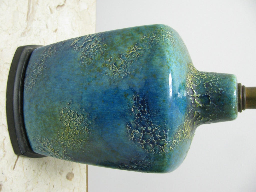 Mid-Century Modern Pair Of Danish Mid Century Volcanic Blue Glaze Pottery Table Lamps