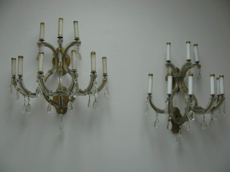 Hand-Crafted Pair of Large Mid-Century Venetian Glass Nine-Arm Two-Tier Sconces For Sale