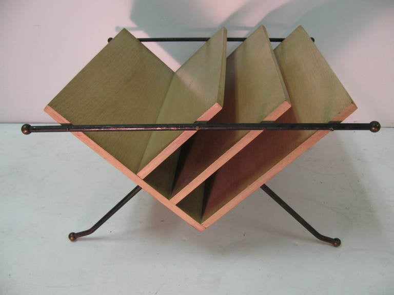 Style of Raymond Loewy Mid-Century Modern Iron and Wood Magazine Rack For Sale 1
