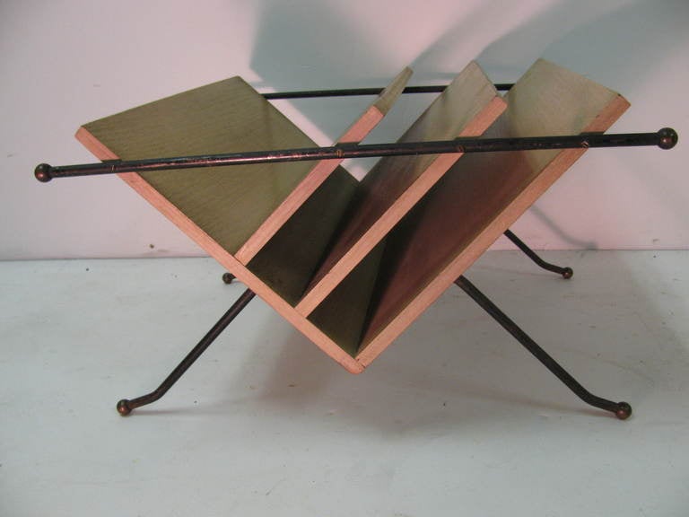 Mid-20th Century Style of Raymond Loewy Mid-Century Modern Iron and Wood Magazine Rack For Sale