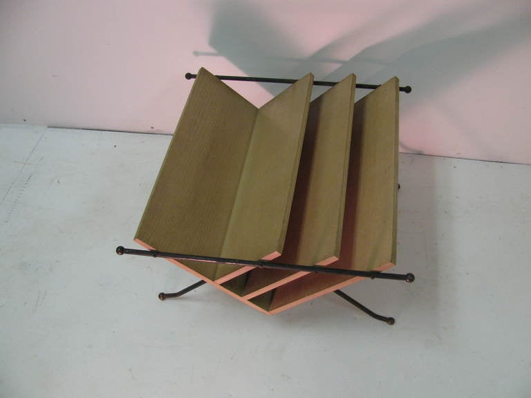 Style of Raymond Loewy Mid-Century Modern Iron and Wood Magazine Rack For Sale 2