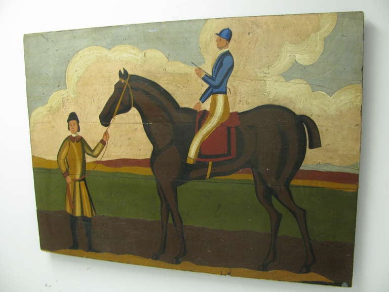 Oil On Board Folk Art Painting Of A Late 19th Century Jockey On A Horse. Recreated In The Sixties By The Design Group. Great Colors And Fantastic Subject Matter. Three Boards With Cleats On Back With Karl Mann Label.