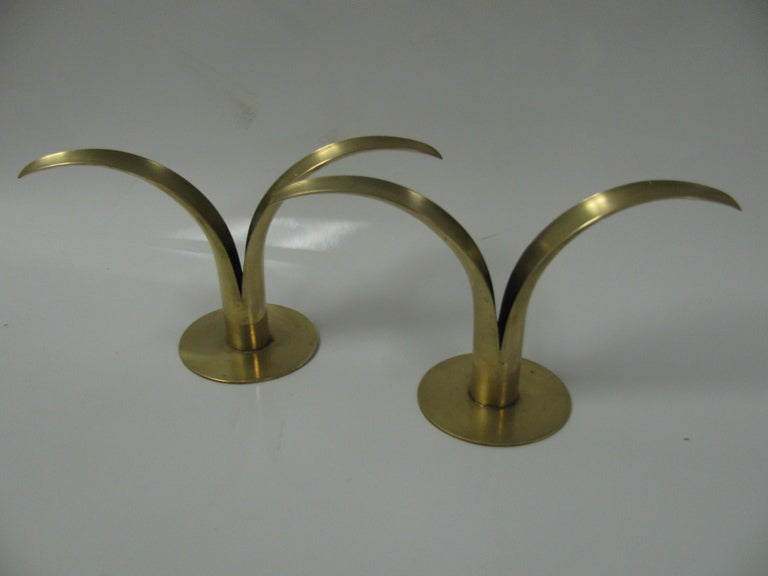 Swedish Pair of Mid Century Modern Polished Ystad Brass Candleholders