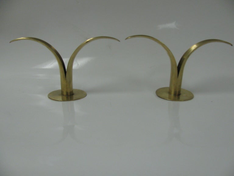 Pair of Mid Century Modern Polished Ystad Brass Candleholders In Excellent Condition In Port Jervis, NY