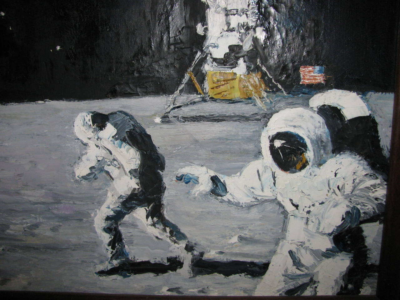 Acrylic on canvas painting of the 1969 Lunar Landing. Solid walnut frame.