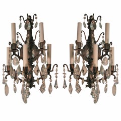 Pair of French Louis XVI Crystal and Bronze Sconces