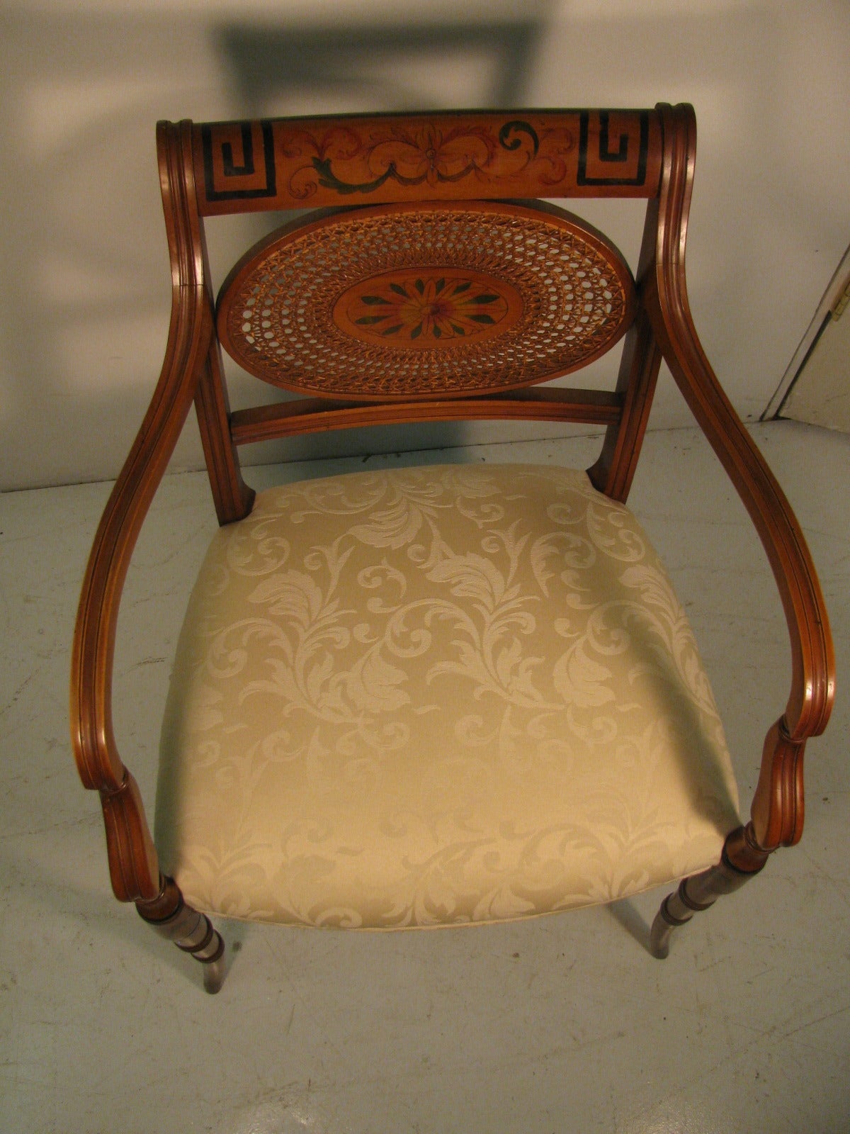 American Pair of Adams Style Caned Back with Damask Upholstered Seat Armchairs